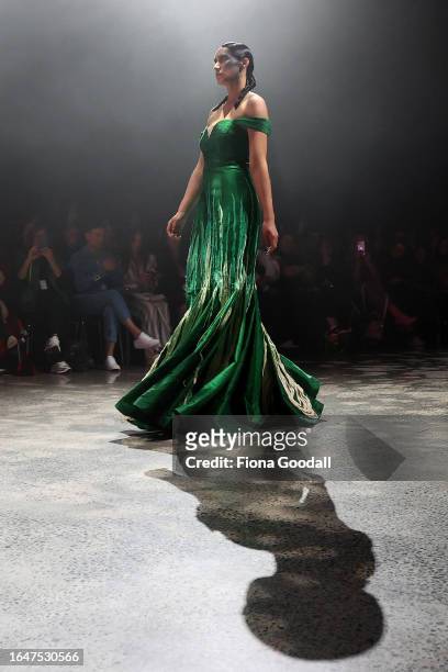 Model walks the runway during the Lontessa show during New Zealand Fashion Week 23: Kahuria at Viaduct Events Centre‎ on August 30, 2023 in Auckland,...