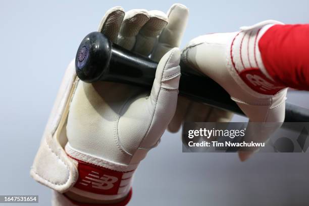 The batting gloves outfield Shohei Ohtani of the Los Angeles Angels are seen during the first inning against the Philadelphia Phillies at Citizens...