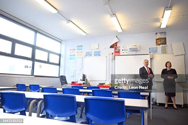 Labour Party leader Sir Keir Starmer and Shadow Education Secretary Bridget Phillipson are shown around an unaffected, but similar style classroom,...