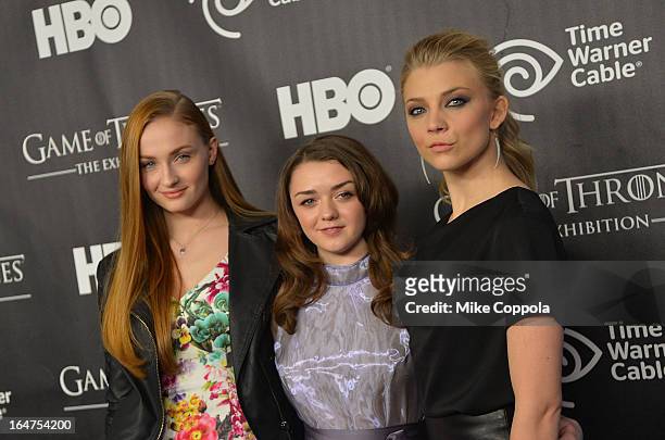 Actors Sophie Turner, Maisie Williams, and Natalie Dormer attend "Game Of Thrones" The Exhibition New York Opening at 3 West 57th Avenue on March 27,...