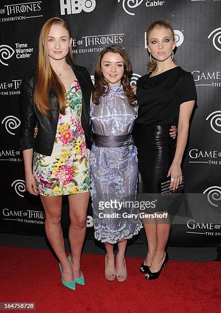 Actors Sophie Turner, Maisie Williams and Natalie Dormer attend 'Game Of Thrones' The Exhibition New York Opening at 3 West 57th Avenue on March 27,...