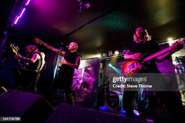 Steve Harris, Richard Taylor and Grahame Leslie of British Lion perform on stage on March 27, 2013 in Birmingham, England.