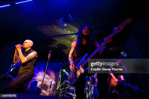 Richard Taylor, Steve Harris and Grahame Leslie of British Lion perform on stage on March 27, 2013 in Birmingham, England.