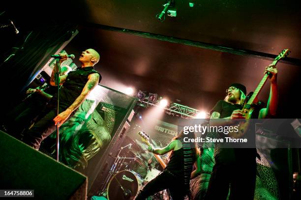 Richard Taylor, Steve Harris and Grahame Leslie of British Lion perform on stage on March 27, 2013 in Birmingham, England.