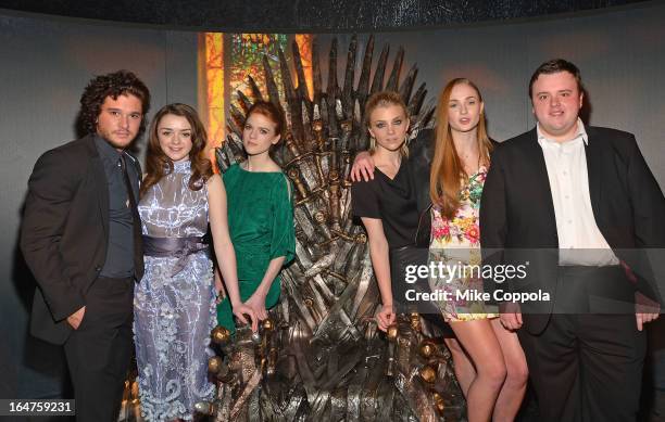 Actors Kit Harington, Maisie Williams, Rose Leslie, Natalie Dormer, Sophie Turner, and John Bradley attend "Game Of Thrones" The Exhibition New York...