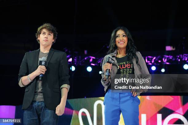 Munro Chambers and Melidna Shankar, cast members from the hit TeenNick show DEGRASSI, lead the crowd of 15,000 student leaders through an educational...