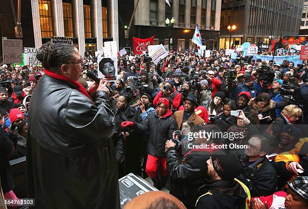 Chicago Teachers Union President Karen Lewis speaks to demonstrators protesting school closings on March 27, 2013 in Chicago, Illinois. About 2,000...