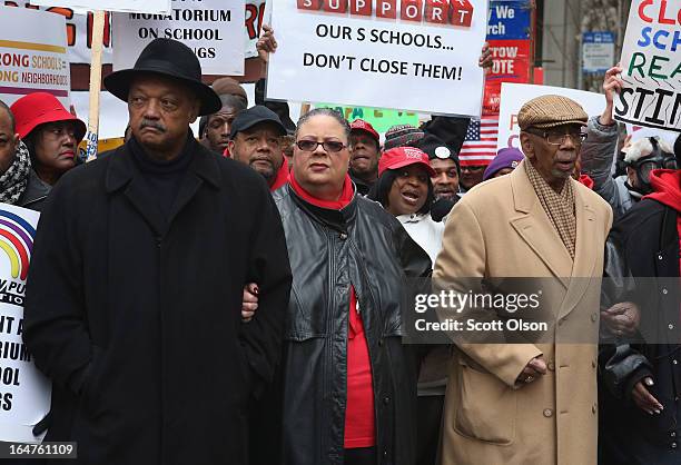 Chicago Teachers Union President Karen Lewis , Rev. Jesse Jackson and Congressman Bobby Rush march with demonstrators protesting school closings on...