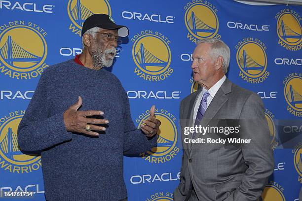 Legends Bill Russell and Jerry West chat before a game against the Sacramento Kings on March 27, 2013 at Oracle Arena in Oakland, California. NOTE TO...