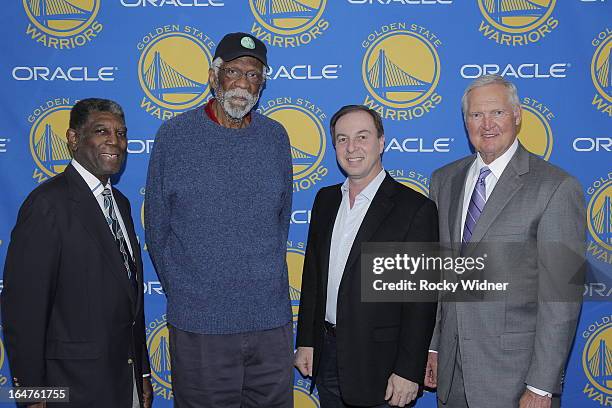 Legends Alvin Attles, Bill Russell, and Jerry West take a photo with Golden State Warriors owner Joe Lacob on March 27, 2013 at Oracle Arena in...