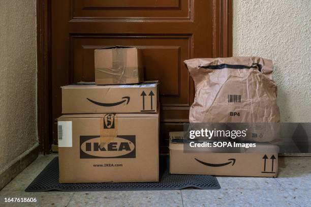 Online purchases from the retail companies, Amazon and IKEA, in cardboard boxes are seen in front of a customer's door.