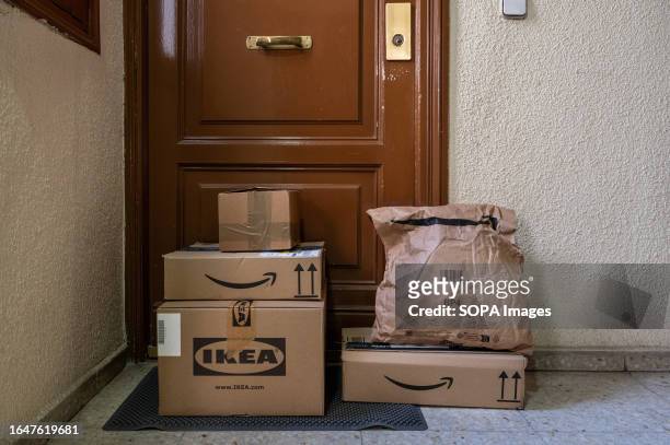 Online purchases from the retail companies, Amazon and IKEA, in cardboard boxes are seen in front of a customer's door.