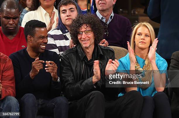 Chris Rock, Howard Stern and Beth Ostrosky Stern attend the game between the New York Knicks and the Memphis Grizzlies at Madison Square Garden on...