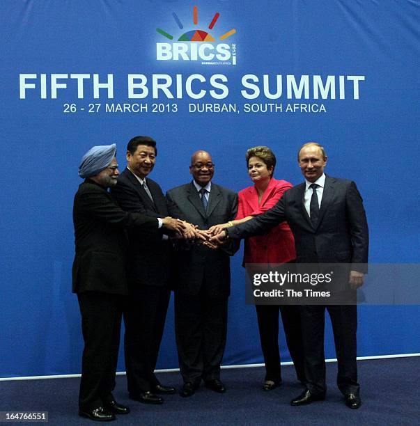 Indian Prime Minister Manmohan Singh, Chinese President Xi Jinping, South African President Jacob Zuma, Brazilian President Dilma Rousseff and...