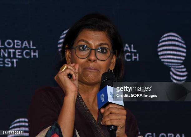 Bollywood actor, writer, director, and social advocate Nandita Das speaks during the Global Fintech Fest in Mumbai. Global Fintech Fest will be held...
