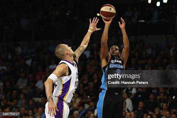 Corey Webster of the Breakers shoots for three points during game one of the NBL Semi Final series between the New Zealand Breakers and the Sydney...