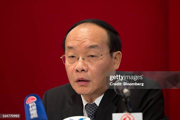 Xu Ping, chairman of Dongfeng Motor Group Co., speaks during the company’s annual results news conference in Hong Kong, China, on Thursday, March 28,...