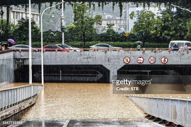 Flooded tunnel is seen after heavy rains caused by Typhoon Haikui in Fuzhou, in China's southern Fujian province on September 6, 2023. / China OUT