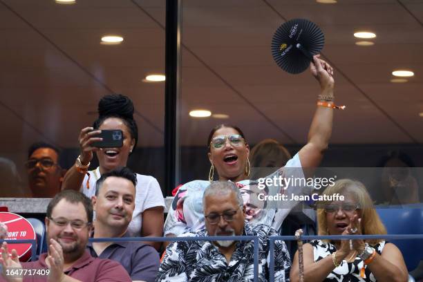 Queen Latifah cheers for Venus Williams of USA in her first round match against Greet Minnen of Belgium on day two of the 2023 US Open at Arthur Ashe...