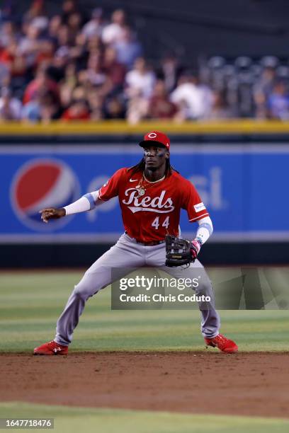 Elly De La Cruz of the Cincinnati Reds in action during the game against the Arizona Diamondbacks at Chase Field on August 26, 2023 in Phoenix,...