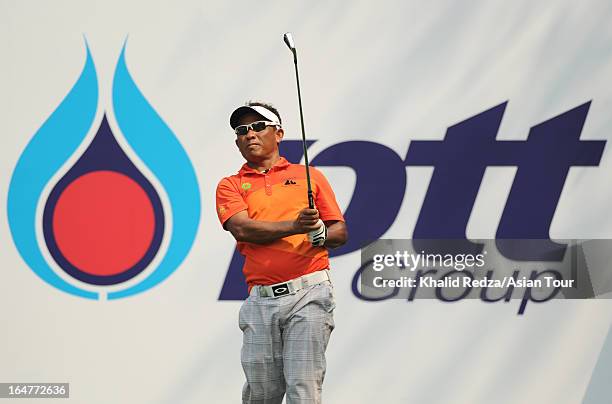 Thongchai Jaidee of Thailand plays a shot during round one of the Chiangmai Golf Classic at Alpine Golf Resort-Chiangmai on March 28, 2013 in Chiang...