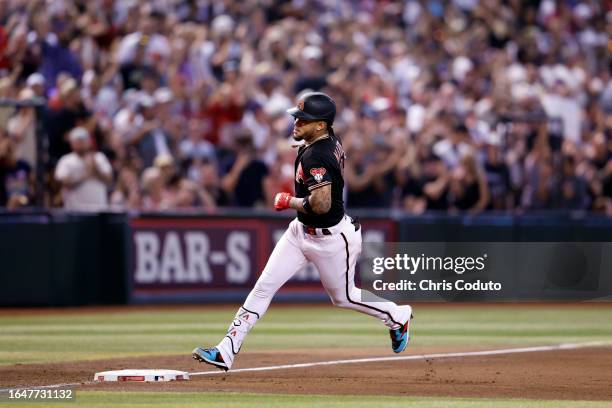 Ketel Marte of the Arizona Diamondbacks runs the bases after hitting a three run home run during the fifth inning of the game against the Cincinnati...