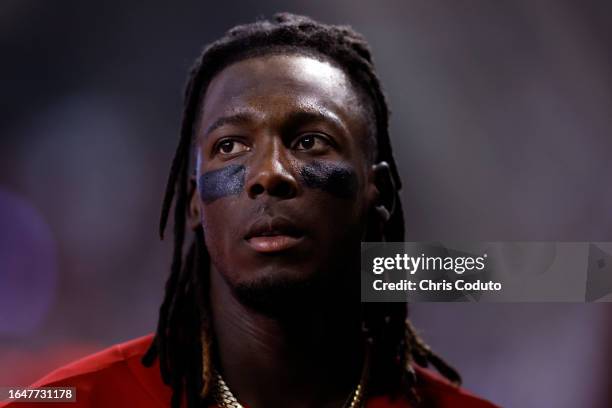 Elly De La Cruz of the Cincinnati Reds watches the action during the game against the Arizona Diamondbacks at Chase Field on August 26, 2023 in...