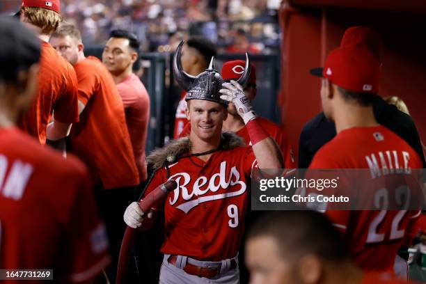 Matt McLain of the Cincinnati Reds celebrates his one run home run during the sixth inning of the game against the Arizona Diamondbacks at Chase...