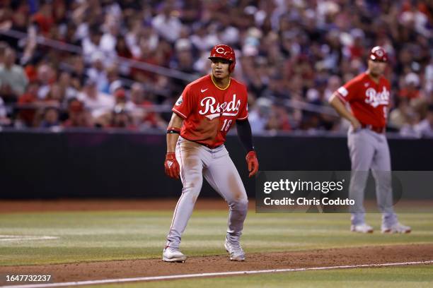 Noelvi Marte of the Cincinnati Reds leads off third base during the game against the Arizona Diamondbacks at Chase Field on August 26, 2023 in...