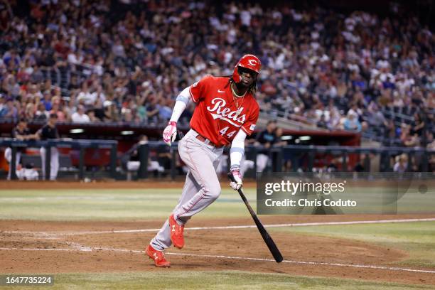 Elly De La Cruz of the Cincinnati Reds flips his bat after a hit during the game against the Arizona Diamondbacks at Chase Field on August 26, 2023...