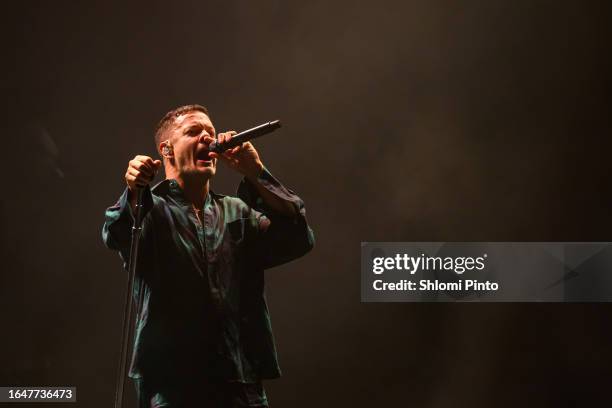 Dan Reynolds of Imagine Dragons performs at Park HaYarkon on August 29, 2023 in Tel Aviv, Israel.