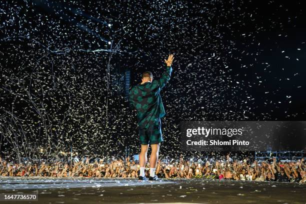 Dan Reynolds of Imagine Dragons performs at Park HaYarkon on August 29, 2023 in Tel Aviv, Israel.