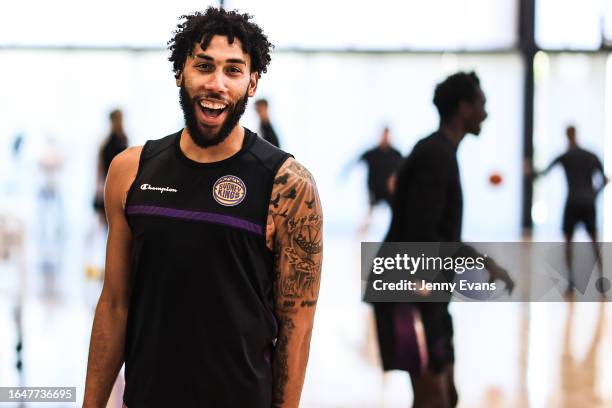 Sydney Kings new player Denzel Valentine trains during a Sydney Kings pre-season NBL media opportunity at Hoops Capital East on August 30, 2023 in...