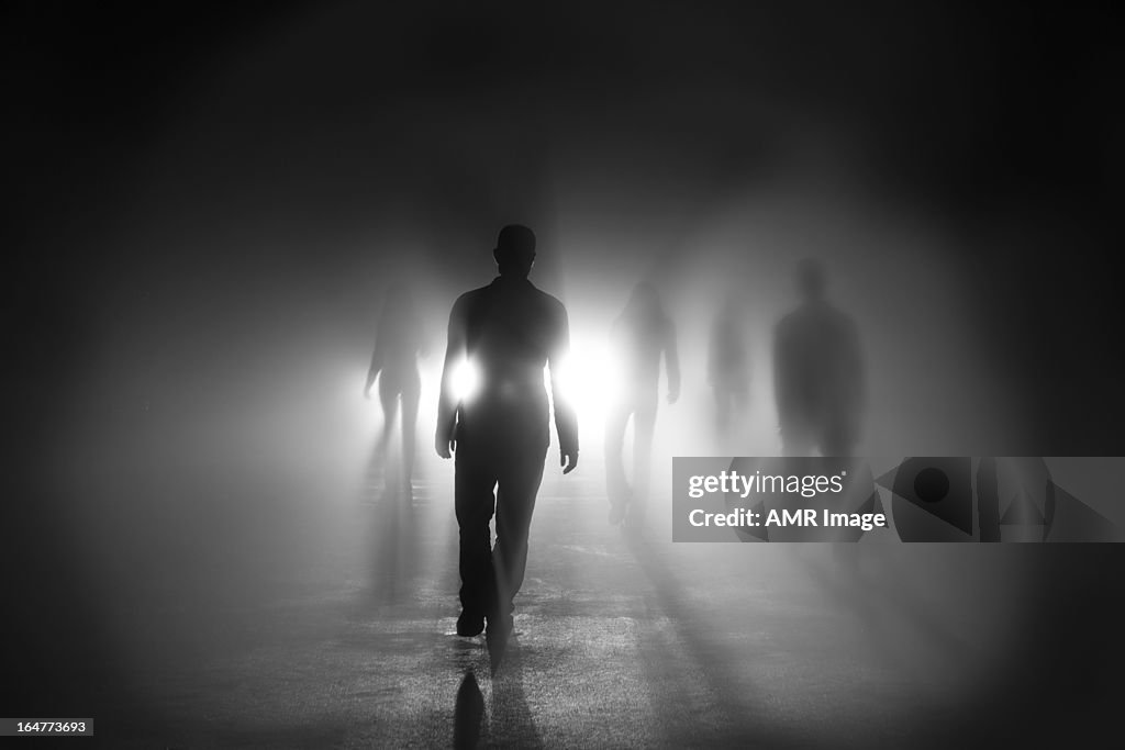 Silhouettes of people walking into light