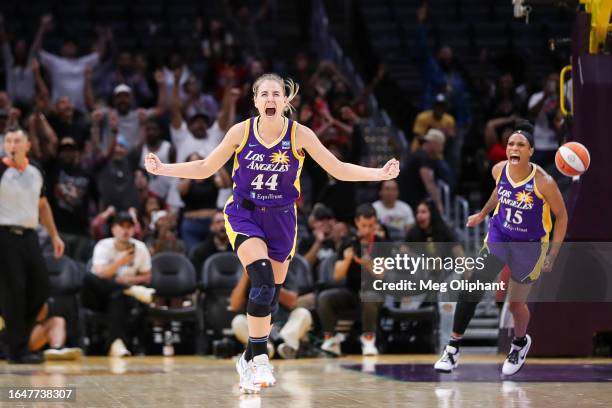 Guard Karlie Samuelson of the Los Angeles Sparks reacts to her basket in the second half against the Chicago Sky at Crypto.com Arena on August 29,...