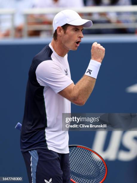 Andy Murray of Great Britain celebrates a point against Corentin Moutet of France during their WMen's Singles First Round match on Day Two of the...