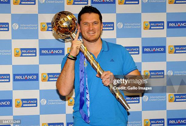 Graeme Smith of South Africa poses with the Mace during the ICC Test Championship mace handover, at Bidvest Wanderers Stadium on March 28, 2013 in...
