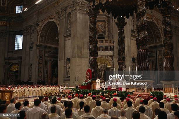 Pope Francis conducts his first Chrism Mass inside St Peter's Basilica on the morning of Holy Thursday on March 28, 2013 in Vatican City, Vatican....