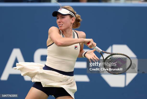 Ekaterina Alexandrova plays a backhand against Leylah Fernandez of Canada during their Women's Singles First Round match on Day Two of the 2023 US...