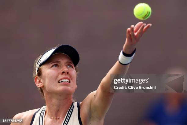 Ekaterina Alexandrova serves against Leylah Fernandez of Canada during their Women's Singles First Round match on Day Two of the 2023 US Open at the...