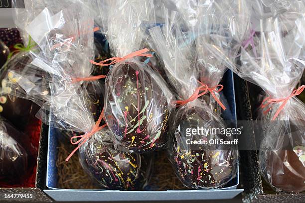 Finished Easter egg is displayed in the 'Melt' chocolate shop in Notting Hill on March 28, 2013 in London, England. Easter represents the busiest...