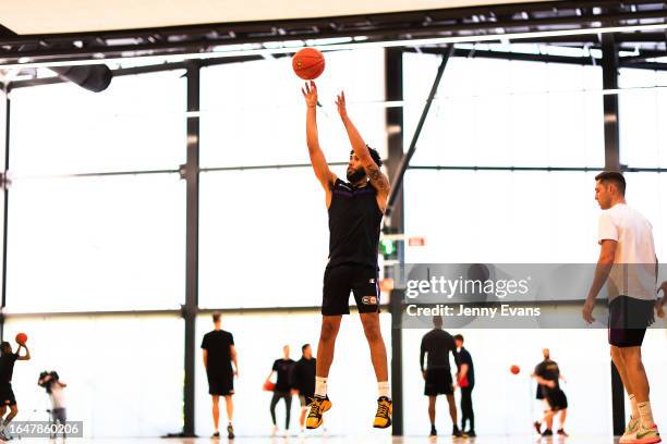 Sydney Kings new player Denzel Valentine trains during a Sydney Kings pre-season NBL media opportunity at Hoops Capital East on August 30, 2023 in...