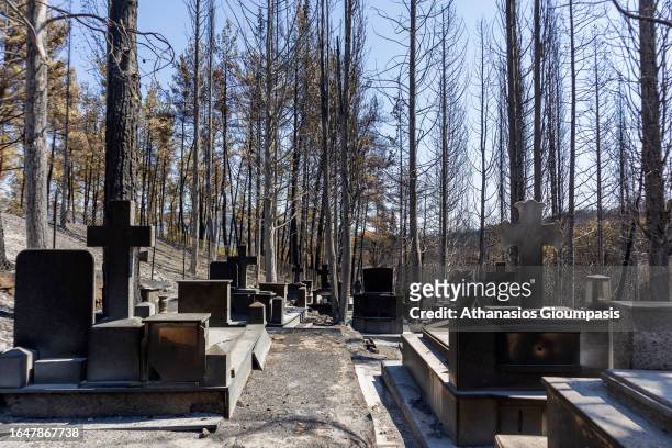 Damaged cemetery in Kirki village on August 29, 2023 in Alexandroupoli, Greece. The European Commission described the Northen Greece blaze as the...