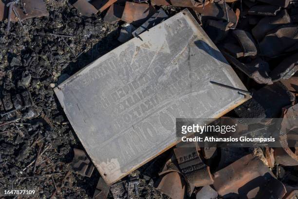 Sign at burnt forest near Lefkimi village at Dadia Lefkimi National Park on August 29, 2023 in Alexandroupoli, Greece. The European Commission...