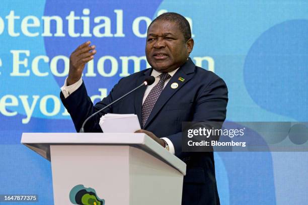 Filipe Nyusi, Mozambique's president, speaks during the Africa Climate Summit at the Kenyatta International Convention Centre in Nairobi, Kenya, on...