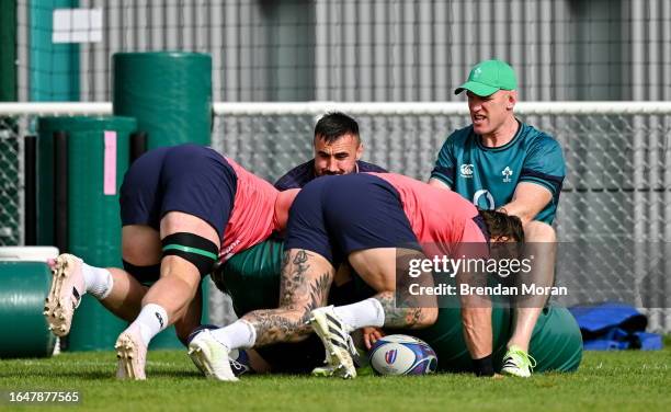 Indre-et-Loire , France - 6 September 2023; Forwards coach Paul O'Connell, right and Rónan Kelleher with Caelan Doris and Andrew Porter during an...
