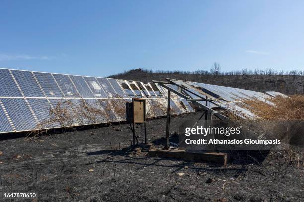 Field of burnt solar panels near Kirki village on August 29, 2023 in Alexandroupoli, Greece. The European Commission described the Northen Greece...