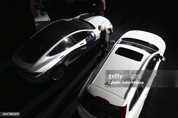 Tesla Model S , is displayed before winning the 2013 World Green Car of the Year at the New York Auto Show on March 28, 2013 in New York City. It was...