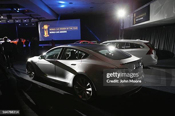 Tesla Model S is displayed after winning the 2013 World Green Car of the Year award at the New York Auto Show on March 28, 2013 in New York City. It...