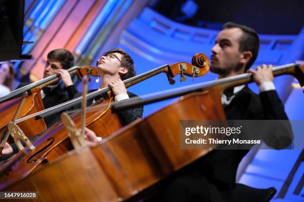 Youth Symphony Orchestra Of Ukraine leaded by Oksana Lyniv performs in Bozar on September 5, 2023 in Brussels, Belgium. The Palais des Beaux-Arts,...
